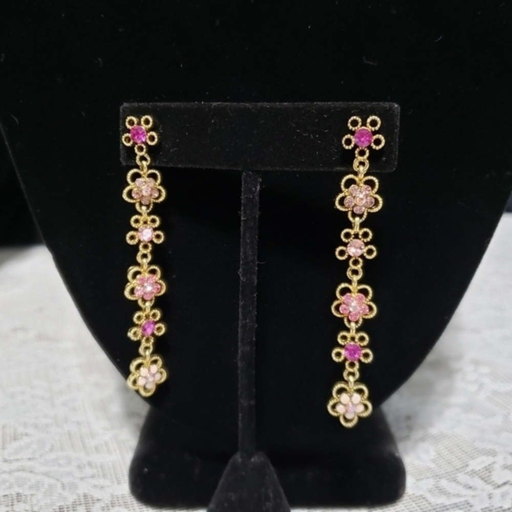 6 Tier Flower Dangle Earrings with Light,Dark, and Opaque Pink Rhinestones